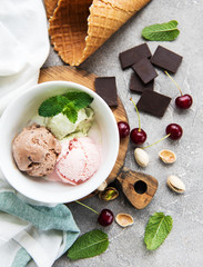 set of ice cream scoops of different colors and flavours