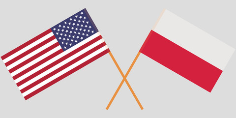 Poland and USA. Crossed Polish and United States of America flags. Official colors. Correct proportion. Vector