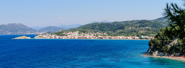 Beautiful panoramic view of Kokkari village and the Mediterranean sea, Samos island, Greece