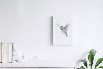 Minimalistic concept of white home interior whit books, mock up and tropical leaf. Scandinavian white cupboard concept.
