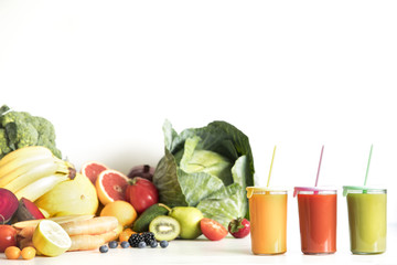 Composition of healthy detox juices and smoothies with seeds. Healthy vegetables and fruits on the white background, copy space