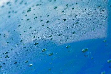 drops of water on the surface of a blue glass