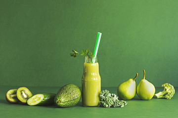 Green composition of vegetables and fruits for detox juice diet. Healthy lifestyle. 