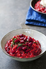 Beetroot risotto in a bowl