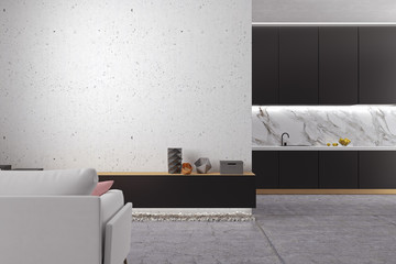 Loft minimalistic white living room with concrete floor, kitchen, sofa. 3d render illustration mock up.