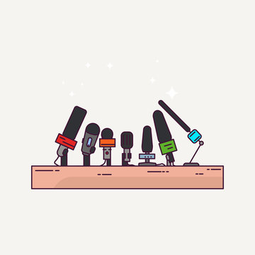 Press conference or interview podium. News and journalism banner. Line style microphones. Press conference concept illustration.