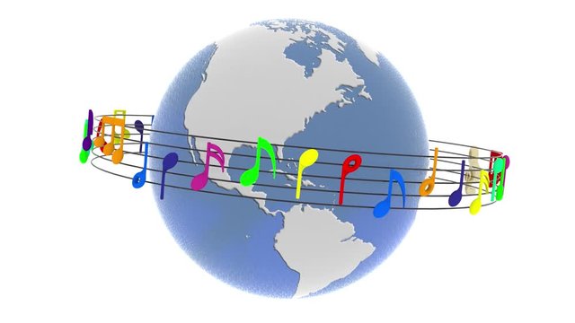 Animazione illustrazione 3D. Pentagramma musicale ruota attorno al mondo. Sullo sfondo l'universo costellato di note musicali..