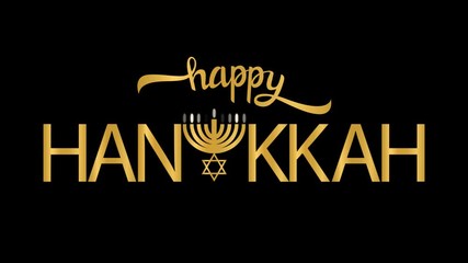 Happy Hanukkah. Hand written lettering with a golden letters, menorah and Star of David. Lettering of jewish holiday. Animation calligraphy with alpha channel - Powered by Adobe