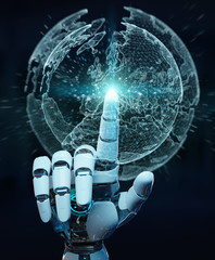 White robot hand using digital screen interface 3D rendering