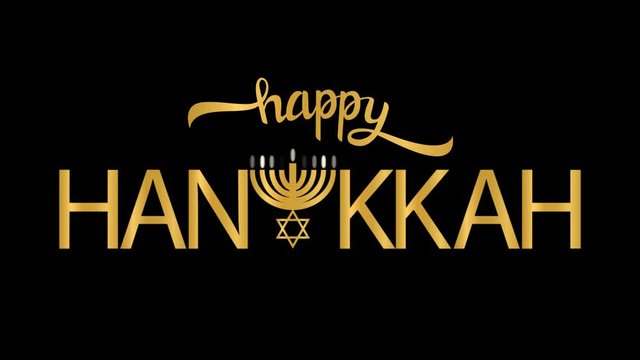 Happy Hanukkah. Hand written lettering with a golden letters, menorah and Star of David. Lettering of jewish holiday. Animation calligraphy with alpha channel