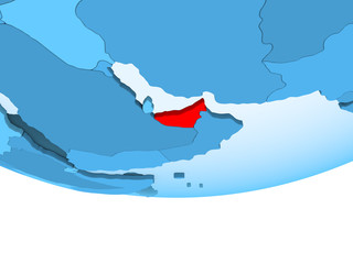 United Arab Emirates in red on blue map