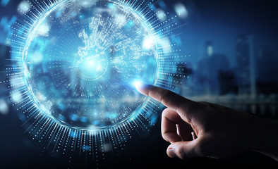 Businessman using globe network hologram with Europe map 3D rendering
