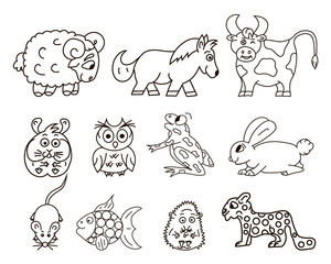 Obraz premium Vector ram, pony, owl, frog, mouse, rabbit, hedgehog. Isolated.