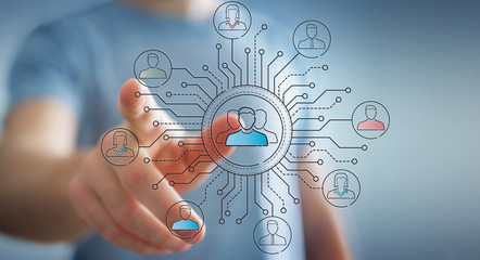 Businessman using thin line social network icons interface