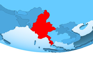 Myanmar in red on blue map