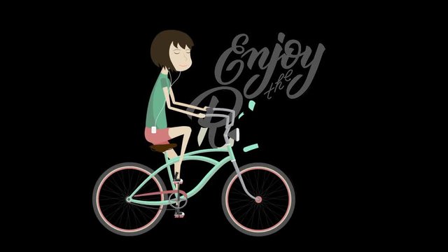 2D flat animation of the girl on a bicycle and hand lettering with alpha channel.  Animation for teaser, preview, promo, advertisement, presentation, video screensaver. "Enjoy the Ride" calligraphy