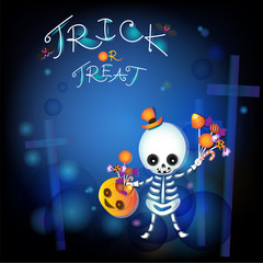 Kid halloween skeleton magician with pumpkin and candy in blue background.Cute character design.Happy halloween night party concept background.Cartoon vector illustration. 