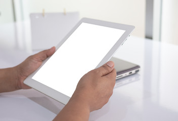 Hand holding modern smartphone with big blank screen design,  isolated on white background for insert image, data or etc.