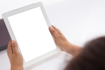 Hand holding modern smartphone with big blank screen design,  isolated on white background for insert image, data or etc.