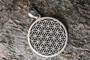Sacred geometry flower of life silver pendant on wooden background