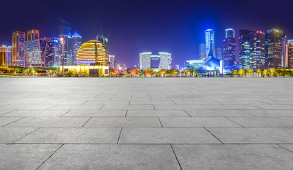 Square floor tiles and Hangzhou skyline