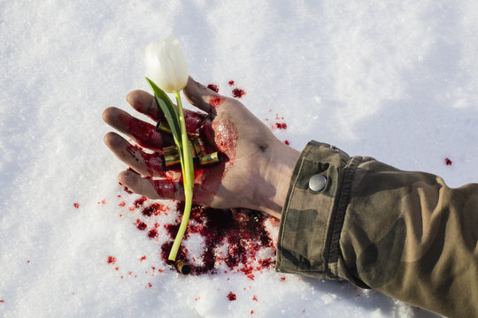 Bloody hand and a white rose on top of the snow in Finland. On top of the hand is also empty gun shells. 