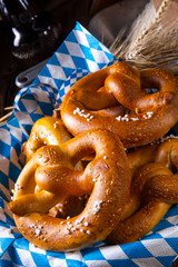 real homemade bavarian salty pretzel with beer