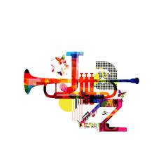  Jazz music typographic colorful background with trumpet vector illustration. Artistic music festival poster, live concert, creative banner design. Word jazz - obrazy, fototapety, plakaty