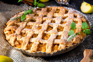 Tasty Apple pie with lattice upper crust