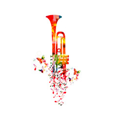  Music colorful background with music notes and trumpet vector illustration design. Artistic music festival poster, live concert, creative trumpet design