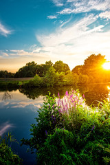 Beauty summery sunset on the Hunte river - obrazy, fototapety, plakaty