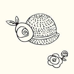 Hat with roses, hand drawn doodle, sketch in woodcut style, black and white vector outline illustration