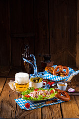 delicious bavarian sausage salad with onion and cucumbers