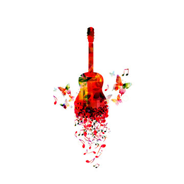  Music colorful background with music notes and guitar vector illustration design. Artistic music festival poster, live concert, creative acoustic guitar design