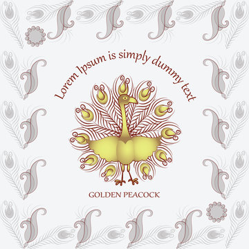 Golden peacock in ornament. Design of posters, postcards, emblems. Composition for printing on fabric or paper, gift wrapping.
