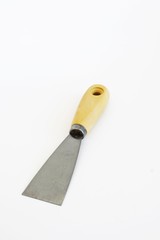 Metal scrapper  with wooden grip isolated on white background.