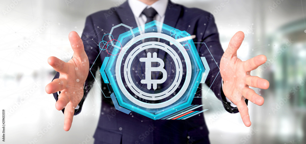 Poster man holding a technology bitcoin icon on a circle 3d rendering