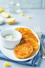 Mashed Potato Cheese Pancakes with Greek Yogurt Dill Sauce