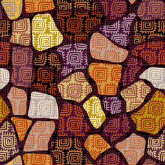 Abstract random grunge pattern of curved shapes. Brown tribal background. Vector image. Seamless pattern.