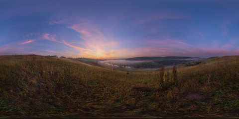 foggy sunrise at riverside spherical 360 degree panorama