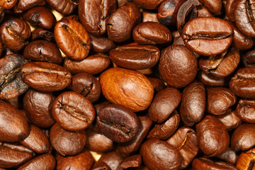 Close up of coffee beans texture background, selective focus