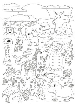 Coloring hand drawn page with cute savanna animals vector