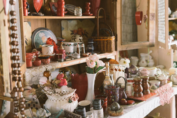 kitchen tools and glasses, pots on wood shelf background with vintage feel
