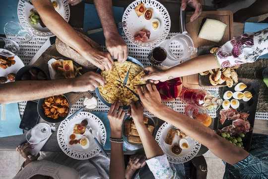 Food Catering Cuisine Culinary Gourmet Party Cheers Concept friendship and dinner together. mobile phones on the table, pattern and background colorful image with people eating and taking food 