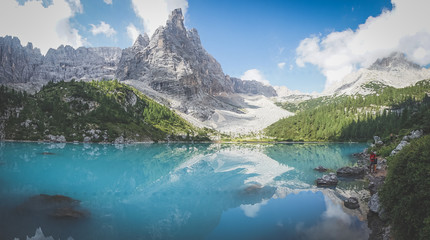 Obraz premium Amazing view of Sorapis lake with unusual color of water. Lake located in Dolomite Alps, Italy