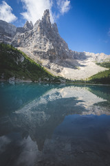 Obraz premium Amazing view of Sorapis lake with unusual color of water. Lake located in Dolomite Alps, Italy