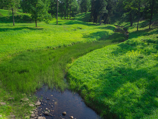 Stream in mountain green meadow.
