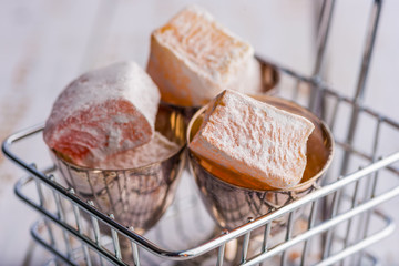 Turkish Delight arranged in a wire basket