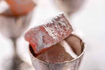 Turkish Delight arranged in vintage silver egg cups