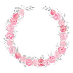 Watercolor floral wreath with rose, leaves, flowers and branches